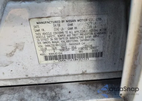 2008 Nissan Altima 2.5 S from USA, damaged, VIN 1N4AL21E38N515225